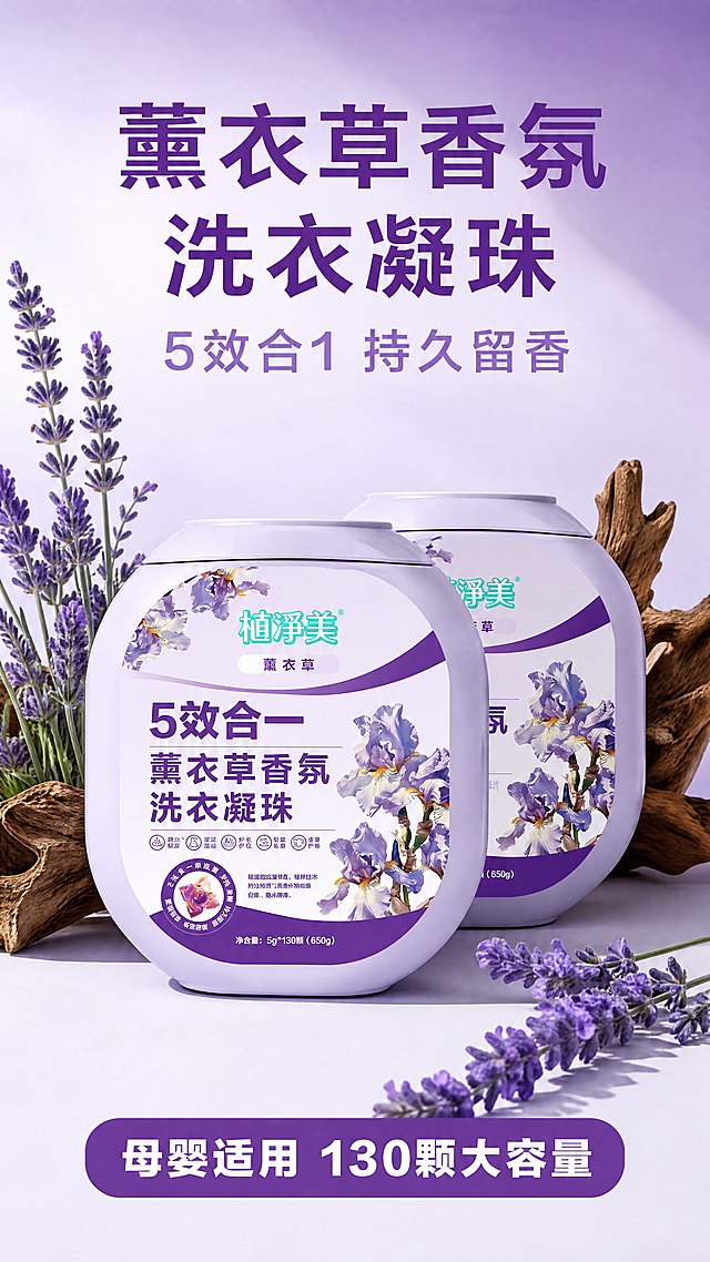 [第1屏] 详情页头图-薰衣草香氛洗衣凝珠宣传海报。本屏使用【图1】作为商品主体，保持产品物理结构、包装设计、颜色与输入产品图一致。
[氛围/风格] 清新自然紫调家居风，浅紫色渐变背景搭配真实薰衣草干花装饰，柔和商业摄影质感，干净通透，高级氛围感。
[元素布局] 两桶洗衣凝珠放置在画面中下区域，占据整体画面 65% 主体位置，左侧点缀干薰衣草枝条，右侧搭配枯木装饰，底部留白放置主副标题和卖点信息，整体构图稳定平衡，元素层次分明。
[光影质感] 主光源从左上方打亮产品主体，形成柔和自然阴影，包装文字和图案清晰可见，高光均匀过渡，整体明亮通透，突出产品质感。
[配色色系] 全局底色：#f0ebf5（浅紫渐变）；主体配色：浅紫桶身+深紫文字+白色底纹+绿色品牌名；辅助色：薰衣草紫#8040a0，点缀绿色品牌字色。
[视角构图] 正面平视视角，景深适中，主体突出，阅读动线从上到下自然流畅。
[文字版式] 顶部居中放置主标题 "薰衣草香氛洗衣凝珠"，加粗深紫色无衬线字体；副标题 "5效合1 持久留香"，字号约为主标题一半，浅紫色；底部信息条放置核心卖点 "母婴适用 130颗大容量"，白色文字深紫色底，文字不遮挡产品主体，排版清晰层级分明。
[比例分辨率] 9:16竖版比例，4K分辨率，文字清晰可辨，超高清。
[负向提示词] 产品变形，包装文字错乱，颜色偏差，水印，缺件错件，结构错误，产品图模糊，背景杂乱，文字扭曲。