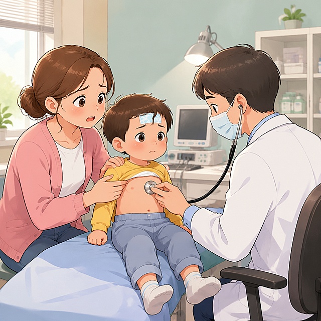 手绘动漫风格，妈妈带着孩子在医生诊室就诊的场景，孩子额头上贴着退热贴，孩子皮肤轻微红润，孩子妈妈表情着急担忧，医生坐在诊桌旁，手拿听诊器正在听诊孩子胸部，诊室环境，医疗设备，温馨的诊室氛围，无任何文字，纯图像，线条流畅，色彩柔和，1:1正方形构图，高清细节