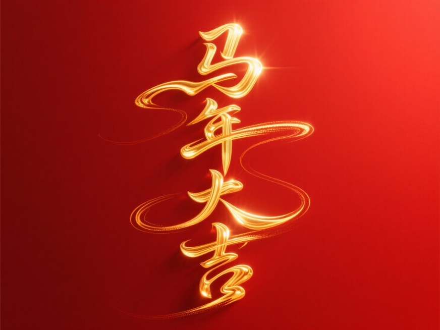 主标题为“马年大吉”二字，流动的金色笔触，文字竖向排列，深红色背景预览效果