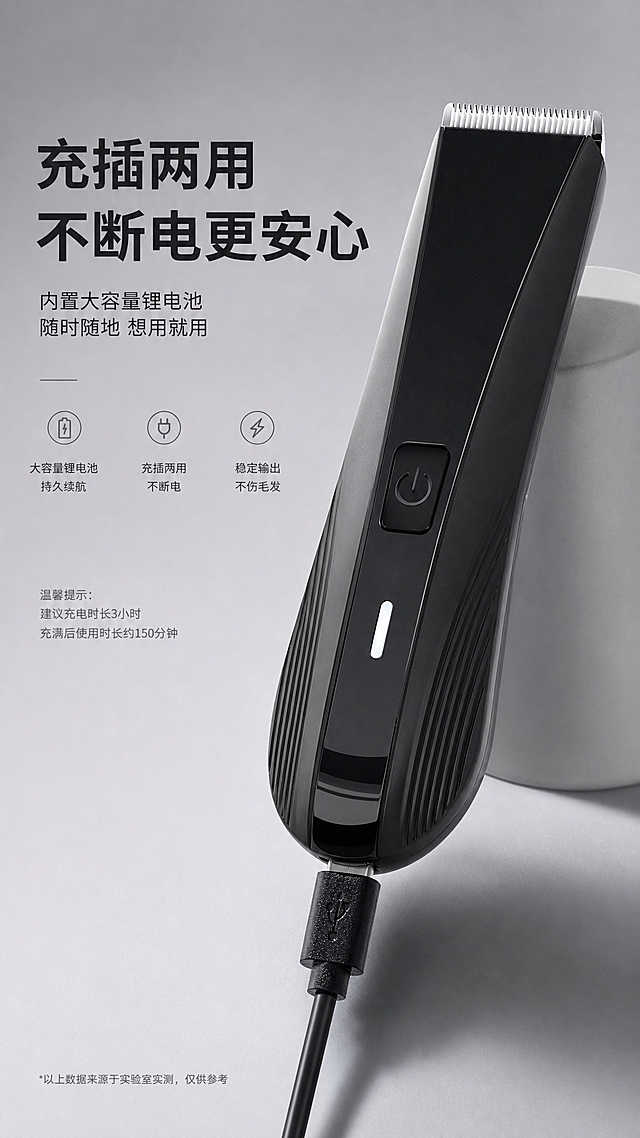 参考图中的黑色宠物剃毛器，保持产品外观、电源按键、指示灯、USB充电接口及充电线的设计细节不变，体现充插两用无需担心断电烦恼的特点，产品放置在浅渐变灰色背景中，画面大气简洁，突出产品质感，专业电商产品摄影风格，光影柔和，高清细节