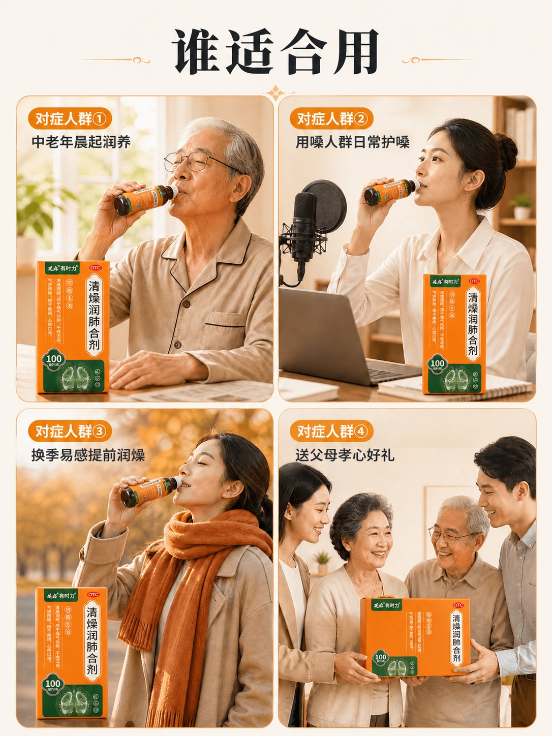 使用【图1】四宫格「谁适合用」人群海报作为版式与场景参考；使用… - 图片创意预览