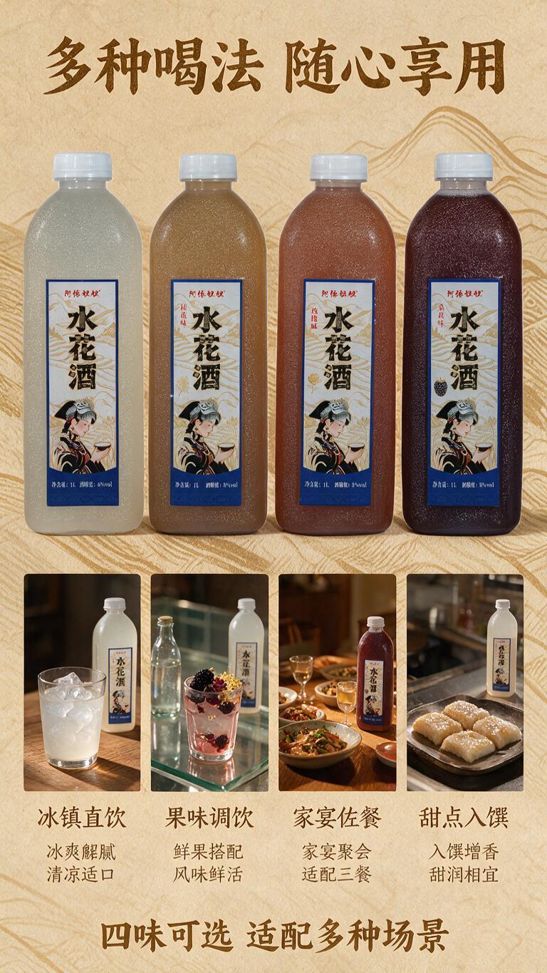 [商品] 使用产品图阿依妞妞水花酒四口味组合，透明磨砂塑料瓶白… - 图片创意预览