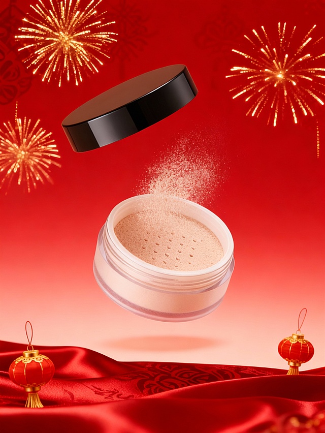 散粉悬浮，海棠红渐变背景衬鎏金烟花、暗纹缎面纹理，红金配色，散粉盒身磨砂质感，背景飘着迷你元旦灯笼，无 logo，雅致喜庆感突出