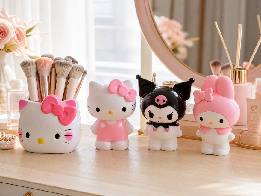 将这四个Hello Kitty、库洛米和美乐蒂造型笔筒放到女孩子的化妆桌上作为收纳，其中Hello Kitty造型笔筒里插满化妆刷，整体是温馨甜美的女生卧室化妆桌场景，风格清新自然，产品清晰，氛围感好预览效果