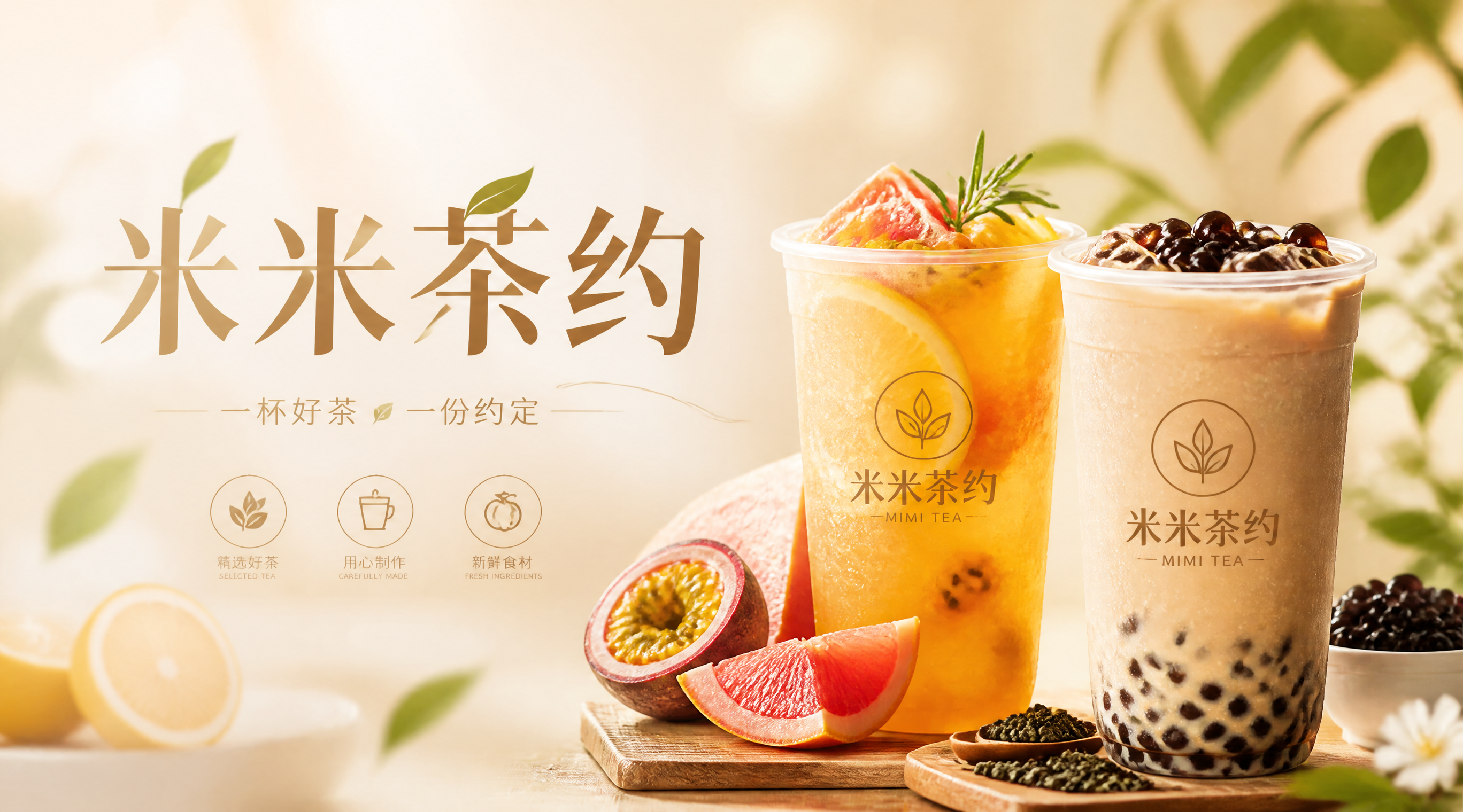 写实商业摄影风格，茶饮店招设计。横版构图，画面左侧是品牌名"米… - 图片创意预览