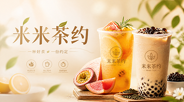 写实商业摄影风格，茶饮店招设计。横版构图，画面左侧是品牌名"米米茶约"大字，字体清新优雅，奶茶色系。画面右侧展示两杯精致茶饮，一杯水果茶一杯奶茶，茶汤透亮，杯壁有水珠，新鲜水果和茶叶装饰，非常有食欲。背景是温暖的浅米色渐变，有虚化的茶叶、柠檬片和柔和光斑点缀。整体色调以奶茶棕、浅杏色、淡绿色为主，温暖治愈。画面中不要出现优惠字眼、地址、电话等信息。超高清画质，光影柔和，材质真实，排版精美，品牌感强。