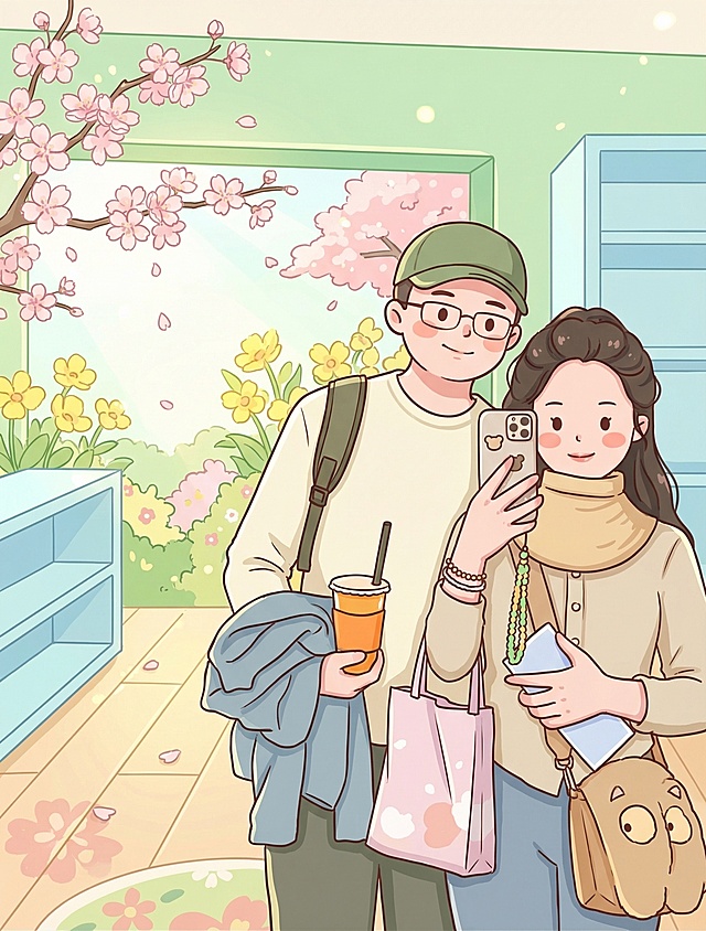 将原图中的两个人物改成可爱类型的二次元简笔画风格，整体使用春天配色，整体色调清新明快，保留人物互动和构图