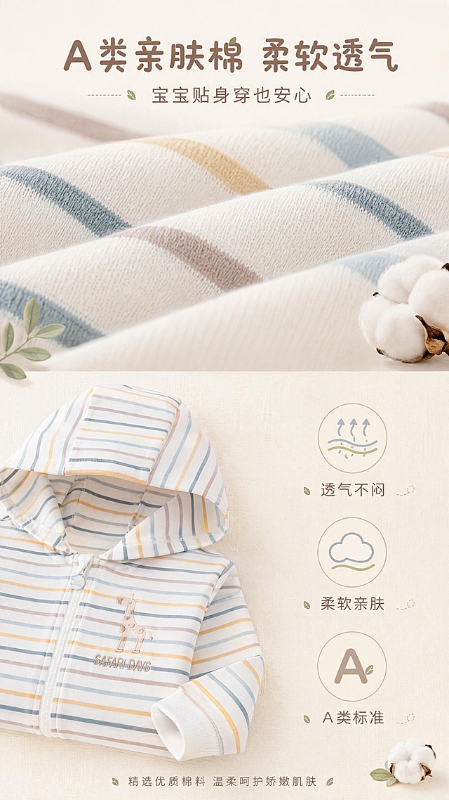 [第4张] 婴幼儿条纹连帽外套面料工艺页。本张使用【图1】作为商品主体，重点展示面料质感，保持外套外观与原图一致。
[氛围/风格] 自然亲肤感，柔和自然光，微距质感，温暖治愈。
[元素布局] 上半部分为面料微距特写，展示棉质面料的细腻织纹和柔软垂感，占比约50%；下半部分左侧展示外套局部折叠细节，右侧用三个圆形图标展示面料特性：透气、柔软、亲肤；背景为米白色带细微织物纹理，搭配小棉花、小树叶装饰。
[光影质感] 柔和侧光，面料纤维清晰可见，呈现柔软蓬松质感，阴影浅淡自然。
[配色色系] 全局底色 #FBF7F0（奶米白）；主色棉白、浅棕；辅助色浅绿、浅蓝。
[视角构图] 上下分区，上面料微距+下产品细节，阅读动线从上至下。
[文字版式] 顶部居中标题。主标题「A类亲肤棉 柔软透气」，圆润字体，浅棕褐色；副标题「宝宝贴身穿也安心」；下方三个特性图标配文字：「透气不闷」「柔软亲肤」「A类标准」；底部小字「精选优质棉料 温柔呵护娇嫩肌肤」；文字清晰，不遮挡面料细节。
[比例分辨率] 9:16竖版比例，4K分辨率，文字清晰可辨，高清画质。
[负向提示词] 面料失真，颜色偏差，文字错乱，水印，成人元素，背景杂乱。