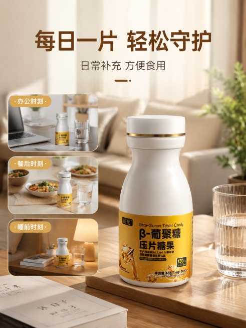 [第5屏] 日常食用场景展示页。氛围风格：温馨生活化场景，现代简约客厅桌面，自然光影，真实治愈。元素布局：产品瓶子放置在干净木质桌面，搭配水杯和简约家居装饰，背景虚化客厅环境，产品清晰主体突出，占比约预览效果