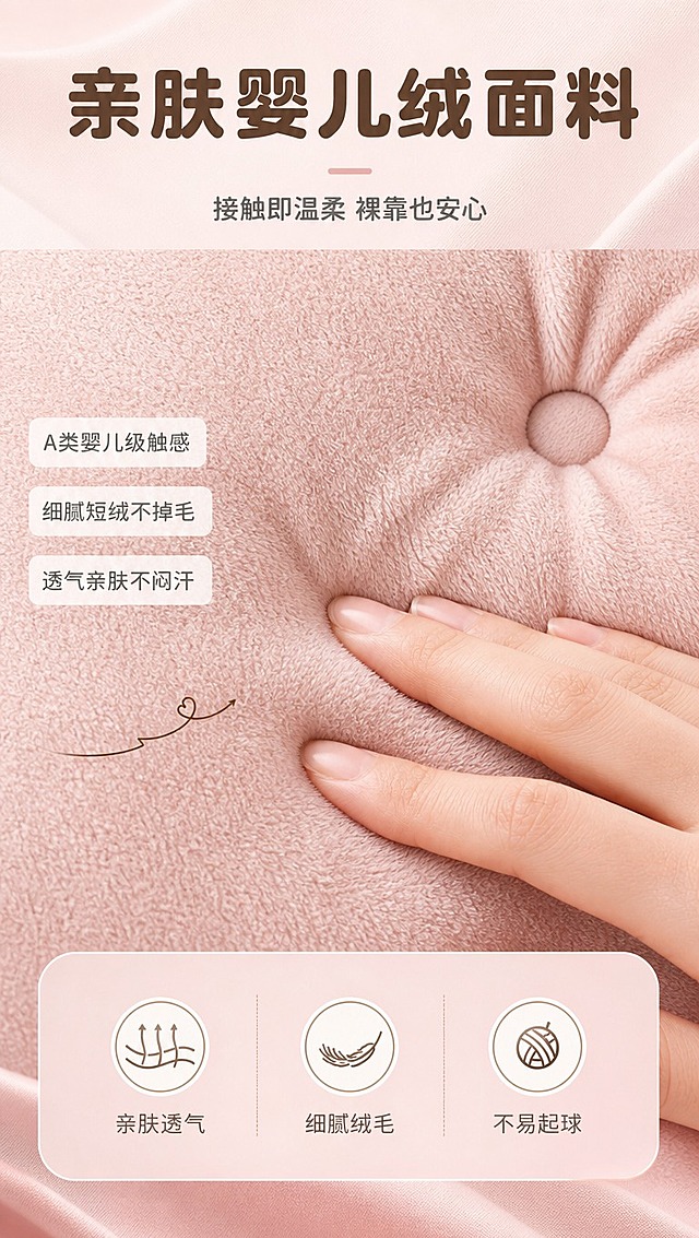 [商品] 使用【图1】粉色婴儿绒软包床的床头面料部分；保留婴儿绒面料粉色、细腻绒感、拉扣缝线结构；放大面料纹理，突出绒毛细腻度和光泽，不改变面料颜色和材质特征。
[画面] 目标：亲肤婴儿绒面料材质证明，竖屏9:16版式。上文下景版式，顶部约1/5文案区，中部约3/5面料微距特写，底部约1/5三图标卖点；一只女性手部轻触面料表面，手指按压处呈现柔软凹陷回弹；面料特写占画面主体，近景微距景别；竖屏构图强化面料纹理的纵向展示。
[视觉] 套系策略：风格=奶油风温馨家居商业摄影；标题字=现代圆润无衬线粗体；正文字=简洁无衬线体；主色=奶粉色；背景延展=基于奶粉色做深浅层级、同色渐变和细腻织物/纸感质感；强调色=奶咖棕，仅用于小面积图标、引线和标签；标题色=深暖棕；正文色=中暖灰；组件=圆角浅底信息卡、细线引线、胶囊卖点框；光影=左前侧暖柔光，突出绒毛光泽与立体感。
[文字] 顶部主标题「亲肤婴儿绒面料」，副标题「接触即温柔 裸靠也安心」；底部3个图标+文字横排：亲肤透气丨细腻绒毛丨不易起球；中部左侧3行卖点说明：A类婴儿级触感丨细腻短绒不掉毛丨透气亲肤不闷汗；文字全部横排，字号保证手机端可读。
[规格] 图片比例9:16竖版，宽度1080px，高度1920px，4K清晰度，避免变形、错字、文字过小、冷蓝/蓝灰背景、面料颜色改变、极限词。