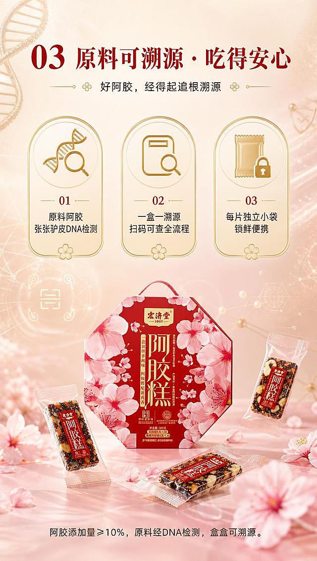 [商品] 使用【图1】宏济堂阿胶糕桃花八角礼盒；保留八角形结构、红色底色、桃花图案、宏济堂1907金色Logo；礼盒缩小置于画面中部偏下，占画面约25%，周围环绕独立小袋阿胶糕特写。
[画面] 页面目标：原料可溯源安心页，三大信任点可视化。构图：上中下三段式，顶部大标题，中部三个圆形/圆角卡片横向排列展示三大卖点（DNA检测、一盒一溯源、独立小袋），底部礼盒+独立小袋实物展示。每个卡片内有对应图标+短文案，卡片占画面宽度约25%。背景为浅米金渐变，点缀DNA双螺旋、扫码、锁鲜等抽象图形元素，3层视觉层次。
[视觉] 套系策略：风格=东方雅致新中式商业摄影；标题字=宋体衬线粗体（典雅厚重）；正文字=简洁无衬线体；主色=桃花红+米金；背景延展=基于柔粉、米白、浅金做渐变层级、同色深浅晕染和细腻宣纸/丝绸质感；强调色=烫金，仅用于小面积图标、引线、标签和标题点缀；标题色=深朱砂红；正文色=深棕灰；组件=圆角米金信息卡、细金线引线、桃花形icon；光影=前侧暖柔光，整体温润通透。
[文字] 顶部大标题「03 原料可溯源 · 吃得安心」，副标题「好阿胶，经得起追根溯源」。三个卡片分别：①「原料阿胶 张张驴皮DNA检测」；②「一盒一溯源 扫码可查全流程」；③「每片独立小袋 锁鲜便携」。底部小字备注：阿胶添加量≥10%，原料经DNA检测，盒盒可溯源。文字全部横排。
[规格] 图片比例9:16竖版，4K分辨率，负向提示：避免变形、错字、文字过小、医疗功效表述、绝对化用语、二维码（扫码示意用抽象图标代替真实二维码）。