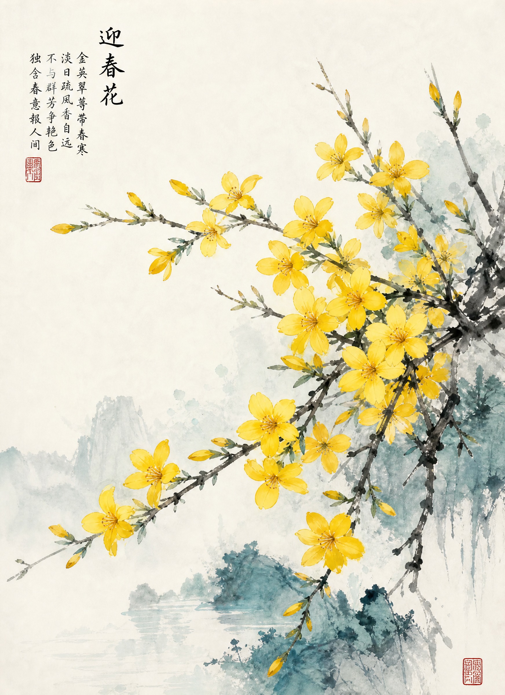 一幅精美的迎春花国画，采用中国传统水墨画风格。画面中几枝迎春花… - 图片创意预览