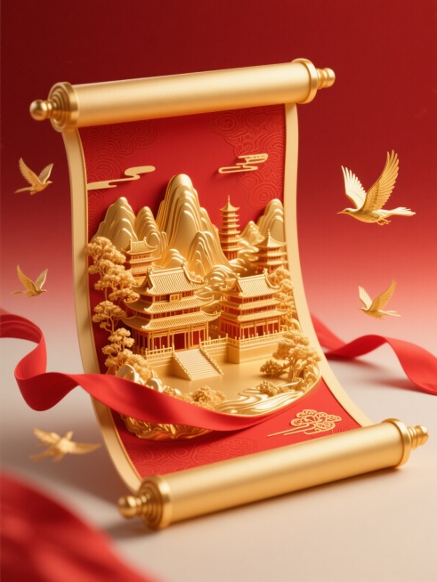 红色金色为主色调，立体写实风格，画面主体是华丽精致的立体卷轴展开的效果，卷轴内有金色的古建筑群、金色的山水景观，搭配红色飘带、金色飞鸟环绕，红色暗纹渐变背景预览效果