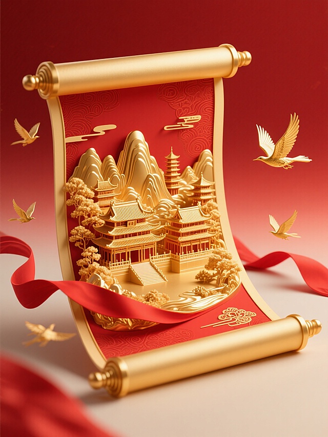 红色金色为主色调，立体写实风格，画面主体是华丽精致的立体卷轴展开的效果，卷轴内有金色的古建筑群、金色的山水景观，搭配红色飘带、金色飞鸟环绕，红色暗纹渐变背景