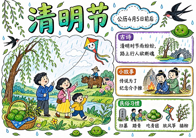 A4横版297:210，纯白色背景，小学生马克笔手绘风格，彩虹糖果色配黑色粗边描线，白纸真人手绘效果，笔触痕迹明显，线条稚嫩歪扭有小学生手绘特点，简单好画，插画大文字少，版式精美，无水印无二维码。
顶部大标题"清明节"，青绿渐变艺术字，旁边云朵框写"公历4月5日前后"。
画面左侧超大主插画：春雨绵绵的郊外，柳树发芽，一家人去踏青放风筝，旁边有青团和插着柳枝的篮子，远处有牧童骑牛。
右上小框标题"古诗"，写"清明时节雨纷纷，路上行人欲断魂"。
右中小框标题"小故事"，画介子推的Q版小插画，旁边写"传说为了纪念介子推"。
右下小框标题"民俗习惯"，画青团、柳树、风筝的小插画，旁边写"扫墓 踏青 吃青团 放风筝 插柳"。
周围点缀春雨、柳叶、燕子、青团装饰。
画面中必须完整呈现文字："清明节"、"公历4月5日前后"、"古诗"、"清明时节雨纷纷，路上行人欲断魂"、"小故事"、"传说为了纪念介子推"、"民俗习惯"、"扫墓 踏青 吃青团 放风筝 插柳"。所有文字必须清晰可读。
画面中所有信息区域必须填充完整合理的内容，不得出现空白框、空白占位、横线待填写区域。