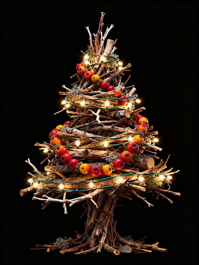 质朴木枝堆叠成圣诞树，点缀暖光灯串与浆果，手工拼贴风结合自然元素，重拟物设计传递温馨喜庆的节日氛围。