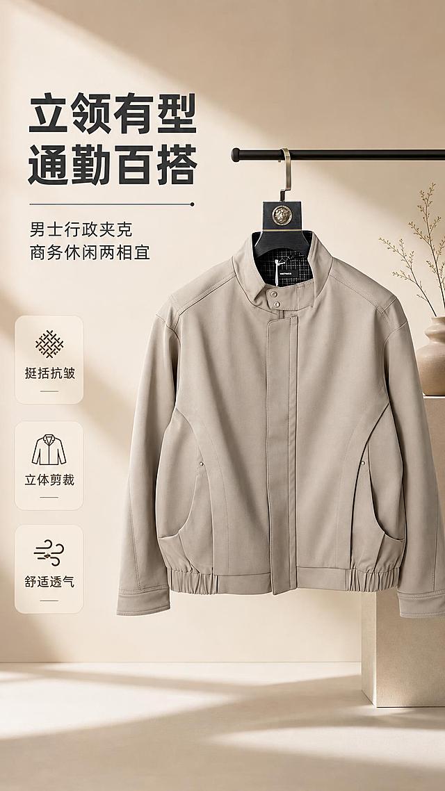 [商品] 使用【图1】卡其色立领男士行政夹克；商品处理：保留立领、按扣门襟、插肩结构、弧形立体口袋、松紧收腰下摆、袖口压线、整体版型和卡其色面料；自然去除衣身杂乱褶皱与压痕，理顺垂坠，增强面料纹理、缝线、五金按扣质感，不改变版型和结构。
[画面] 目标为风格头图海报，突出立领夹克整体版型与通勤气质；左文右图构图，右侧夹克为视觉主体占画面约55%，挂于简约金属衣架，背景为浅米色高级影棚空间，左侧留白放标题；前景有柔和光影投射，中景为夹克主体，后景为渐变浅卡其墙面与简约装饰，营造高级商务休闲氛围。
[视觉] 套系策略：风格=高级通勤商业摄影风；标题字=现代无衬线粗体中文；正文字=简洁无衬线体；主色=卡其米杏；背景延展=基于卡其米杏做深浅层级、同色渐变和细腻哑光墙面/纸张质感；强调色=深棕咖，仅用于小面积图标、引线和标签；标题色=深炭灰；正文色=中暖灰；组件=圆角浅底信息卡、细线引线；光影=左前侧暖柔光，自然柔和阴影。
[文字] 左上区域主标题「立领有型 通勤百搭」，副标题「男士行政夹克 商务休闲两相宜」，下方3个短卖点：挺括抗皱、立体剪裁、舒适透气；文字横排，层级清晰，不遮挡夹克主体立领与门襟。
[规格] 图片比例9:16竖版，2K分辨率，避免变形、错字、文字过小、冷蓝/蓝灰背景、衣服颜色改变、版型失真、极限词。