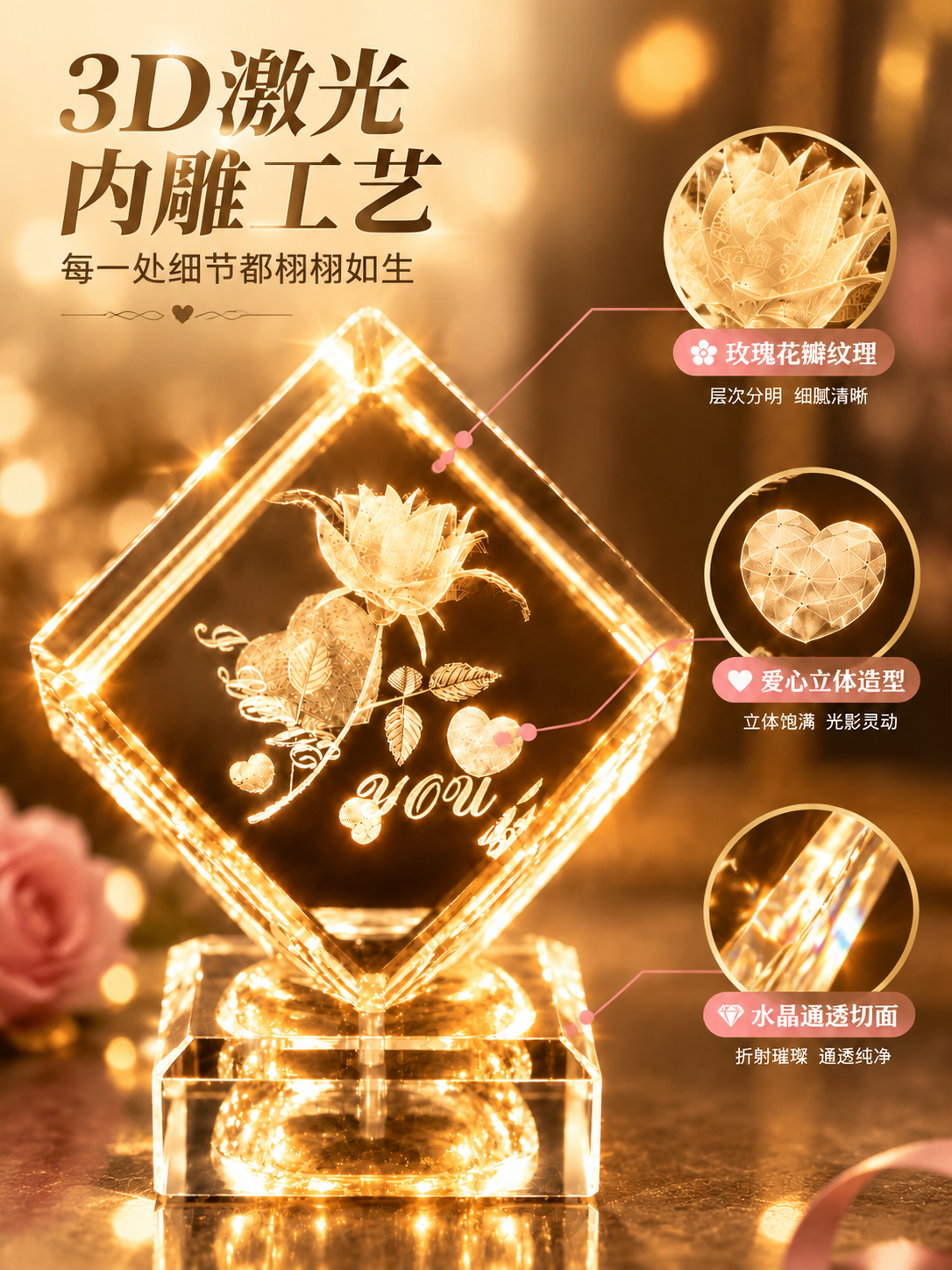 [商品] 使用【图2】暖金色灯光水晶内雕玫瑰花摆件；保留3D内… - 图片创意预览