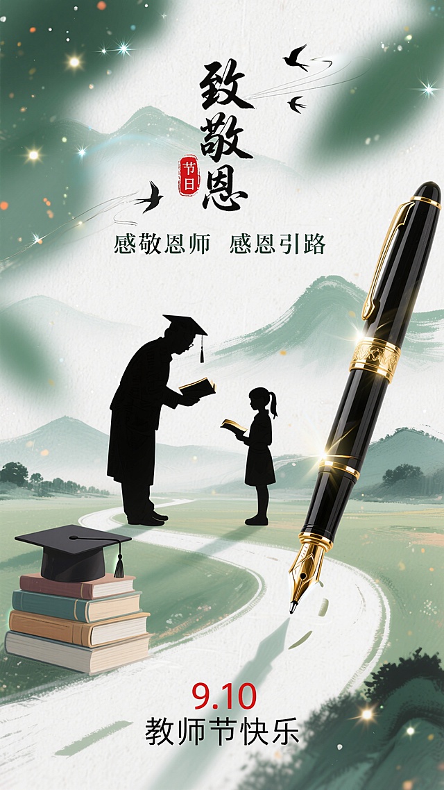 中式水墨风插画，剪影人物传递师恩，笔墨山水烘托教师节温馨氛围。