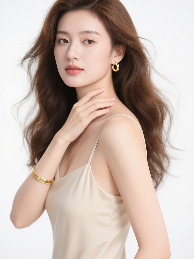 高清晰度商业人像摄影，柔和明亮的光线，细腻自然的肤色质感，棕色长卷发自然垂落，部分发丝轻盈飘动，身着浅米色简约吊带，佩戴金色细圈耳环和金色细手镯，半身构图，女性侧身站立，一手轻抚颈部，另一手自然下垂，眼神温柔望向镜头，背景为纯白色，整体呈现清新、优雅、纯净的氛围，画面简洁干净，突出人物主体。