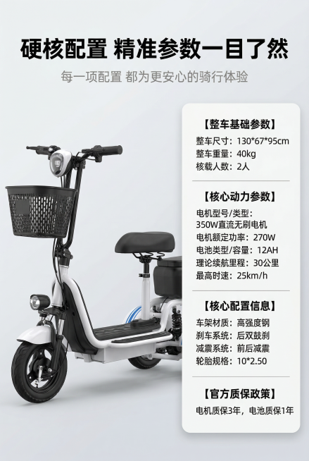 2:3竖版电商详情页整车参数配置屏，8K超高清，简约高级商业设计风格，柔和均匀自然光，杂志级精致排版，整体风格与全系列详情页高度统一，无割裂感。画面采用左右分栏黄金比例布局，左侧60%区域放置白色款迷预览效果