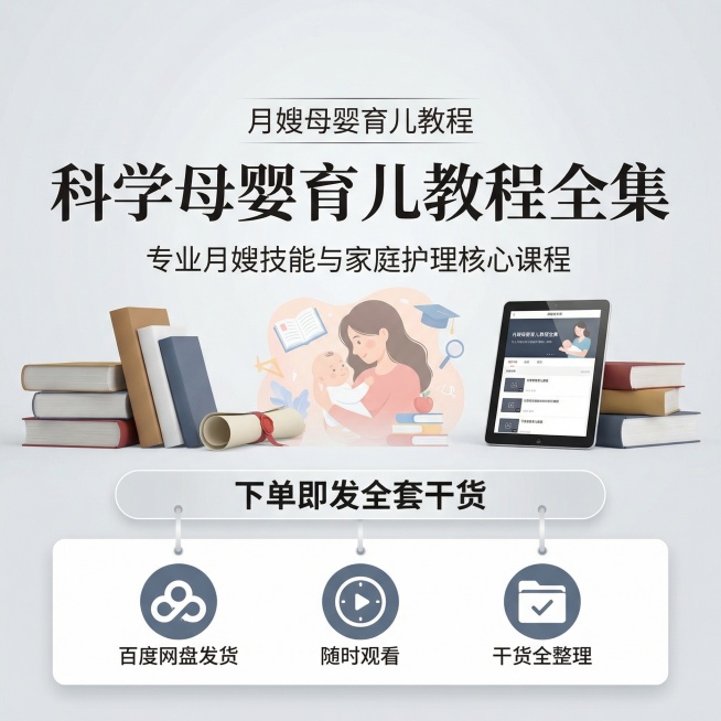 学术质感 清爽明亮的月嫂母婴育儿教程课程主图，底部悬浮三个服务权益图标，分别对应：百度网盘发货、随时观看、干货全整理，图标上方是权益标题：下单即发全套干货，文字排版居中，图标均匀分布不触边，整体保持浅预览效果