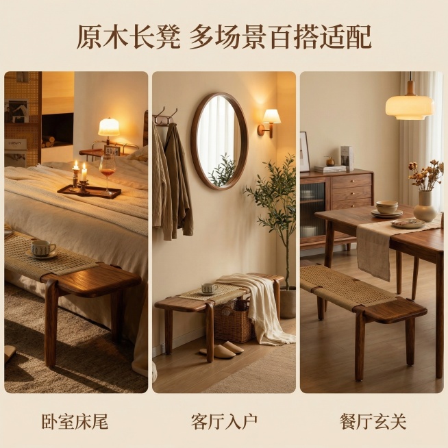 [主图 4] 多场景适配展示
[主图主题] 原木长凳多空间百搭展示
[氛围/风格] 中古风原木风，统一温馨暖调光影
[画面元素] 采用三宫格拼图，分别展示长凳放置在卧室床尾、客厅入户、餐厅侧边三个不同预览效果