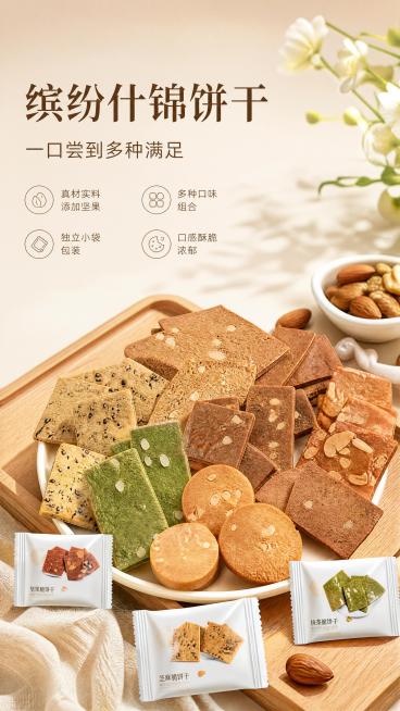 中高端极简高级风格混合口味什锦饼干电商海报，设计风格为写实商业摄影，"缤纷什锦饼干"作为主标题，"一口尝到多种满足"作为副标题，真材实料添加坚果，多种口味组合，独立小袋包装，口感酥脆浓郁。画面包含全部预览效果