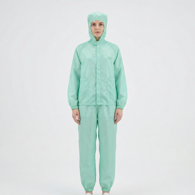 将这件浅绿色分体连帽洁净服换成外国模特穿着展示，保持服装款式和颜色不变，专业模特展示，简洁干净背景，电商商品图风格预览效果
