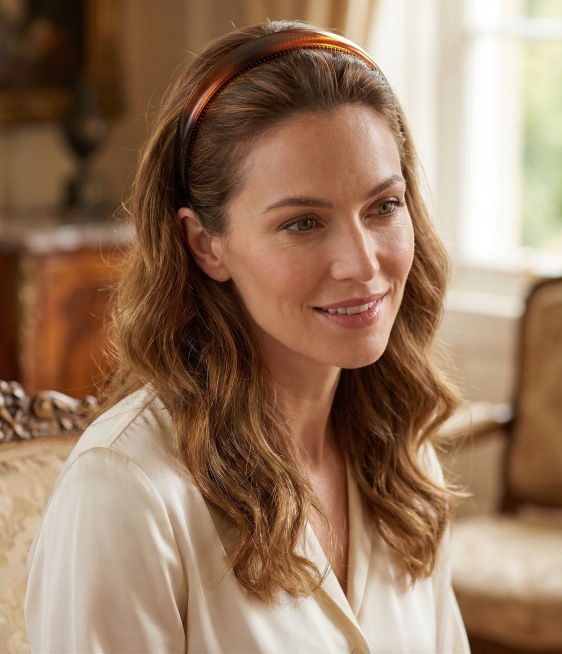 将图中的琥珀色渐变发箍佩戴在优雅的外国女性头上，呈现自然真实的佩戴效果，画面高清有质感预览效果