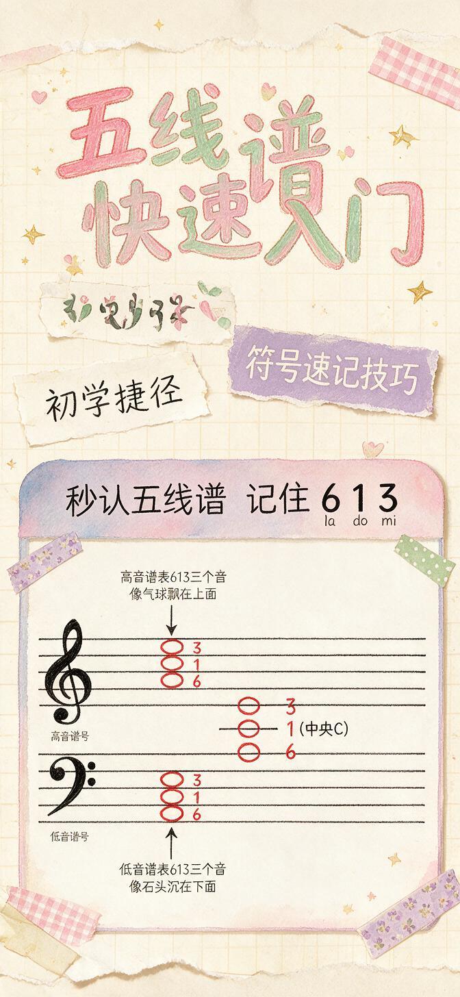 将这张五线谱入门图改造成与参考图完全一致的手绘水彩手账风格：米… - 图片创意预览