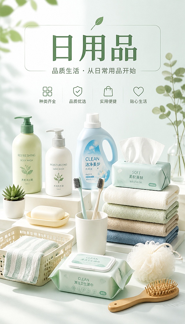 设计一张简约清新风格的日用品品类概括海报，画面展示多种日常家居日化用品整齐陈列在浅色背景上，文字标注分类为"日用品"，整体色调柔和清新，版式精美，9:16比例，超高清分辨率，统一商业风格