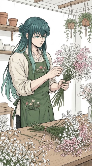 保持原图二次元漫画线稿上色风格，重新绘制花店服务员时透无一郎，更换与上次生成不同的全新服装，设计和参考图、上次生成都不一样的人物动作，身边点缀满天星预览效果