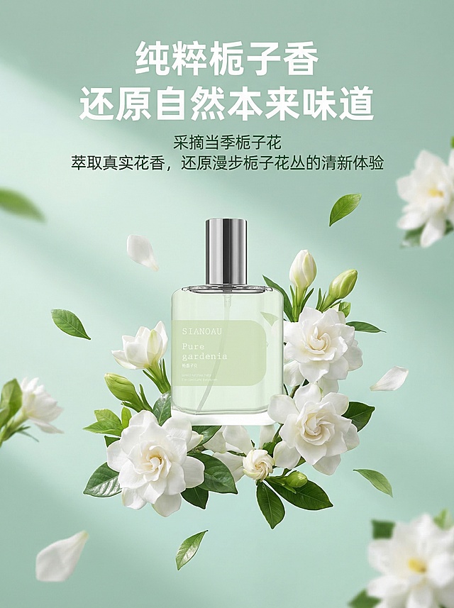 [垫图] https://gd-visitor.dancf.com/tmp02/undefined/86a0784d097247a0a95175a4049c0bf1.png
SIANOAU纯栀子花香水详情首屏
整体风格：保持和主图一致的清新通透高级自然风
内容结构：从上到下排版，首屏大字主标题+产品全景展示
主标题文案：纯粹栀子香 还原自然本来味道，副标题文案：采摘当季栀子花 萃取真实花香，还原漫步栀子花丛的清新体验
画面元素：产品香水瓶放置在画面中偏上居中位置，周围围绕新鲜栀子花和散落花瓣，背景是极浅的青绿色渐变，柔和自然光影，全屏铺满无白边，符合3:4比例
配色：淡薄荷绿为主色调，白色和深绿文字对比清晰
字体：简约无衬线字体，主标题大字号粗体，副标题小字号细体，排版透气，不遮挡主体产品