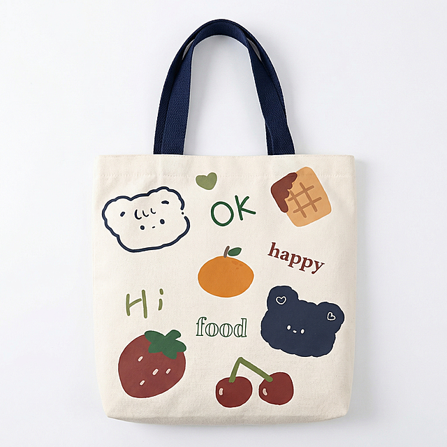 [主图 5] 手拎布袋白底平铺展示主图
[氛围/风格] 干净简洁，专业商品展示。
[画面元素] 保持原图布袋外观和卡通印花完全不变，正面平铺在纯白色背景上，光线均匀柔和，完整展示布袋整体轮廓，无多余装饰。
[配色色系] 纯白色背景，布袋保持原有米白和彩色印花不变。
[视角构图] 正上方俯视平铺构图，产品满铺，居中放置。
[文字版式] 无需额外文字，纯产品展示。
[比例分辨率] 1:1比例，2048x2048 2k分辨率。