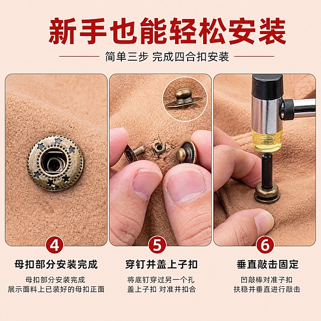 [主图-12] 831型金属四合扣 安装步骤说明图 第四步到第六步。
[统一基调] 淘宝五金配件风格 浅粉米色背景 主标题红色粗黑体 辅助说明深灰细黑体 步骤编号红色圆圈白字 整体清晰教程感。
[画面] 画面分三格横向排列后续安装步骤 第一格 母扣部分安装完成 展示面料上已装好的母扣正面 第二格 将底钉穿过另一个孔 盖上子扣 手部操作特写 第三格 凹敲棒对准子扣 扶稳并垂直进行敲击 工具操作特写 每格下方标注步骤说明 顶部大标题 新手也能轻松安装。
[光影质感] 教程实拍质感 面料为浅棕色绒布 手部动作清晰自然 工具位置准确 金属件反光真实。
[配色] 背景浅粉米色 步骤编号红色白字 说明文字深灰色 产品古铜色。
[文字版式] 顶部红色大标题 新手也能轻松安装 每格下方红色步骤编号+说明文字 字体统一黑体 清晰易读。
[输出要求] 1:1正方形 2048x2048 步骤清晰 动作自然 文字可读 负向 变形 错字 模糊 手指畸形