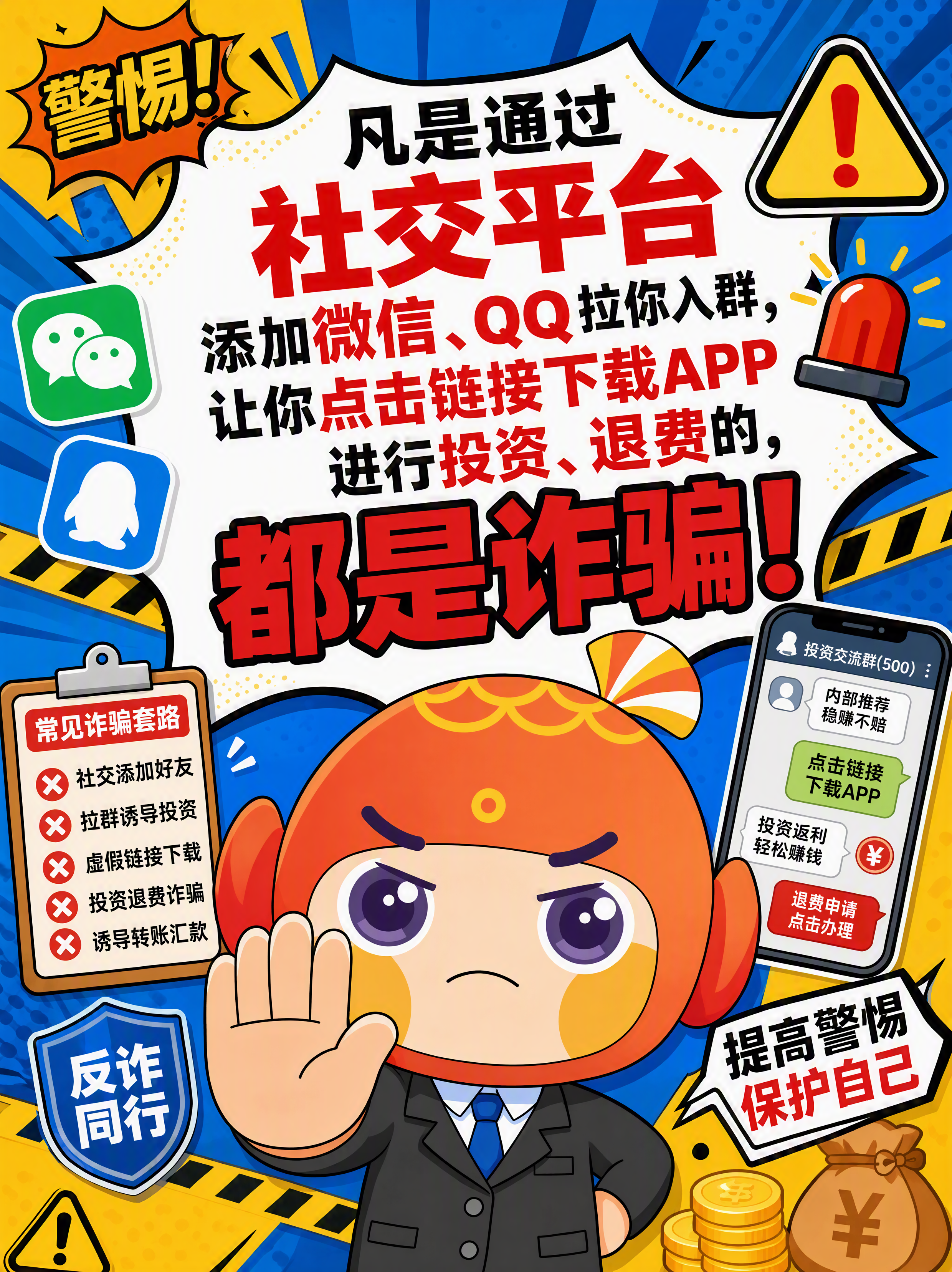 参考图1的反诈海报风格，使用图2中的橙色卡通鱼形象作为主角，卡… - 图片创意预览