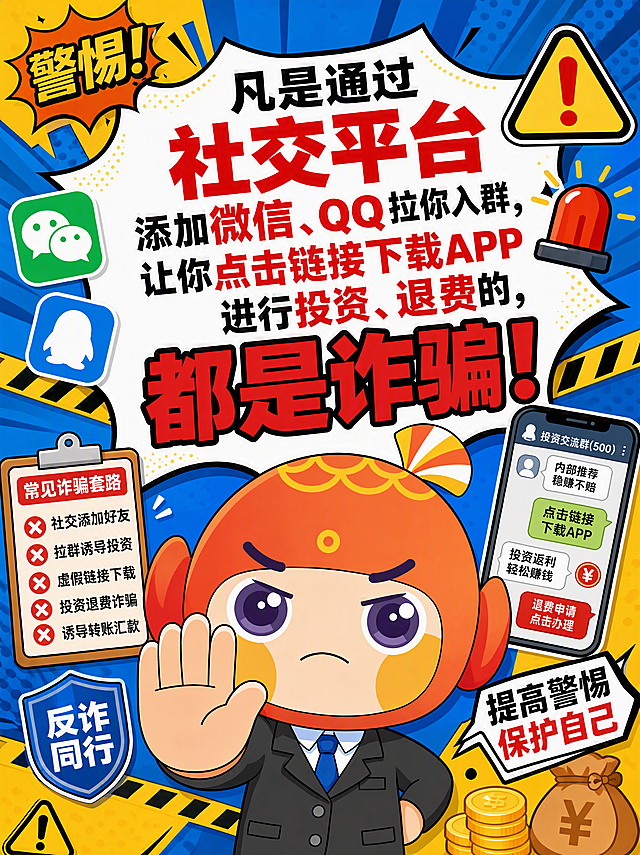 参考图1的反诈海报风格，使用图2中的橙色卡通鱼形象作为主角，卡通漫画风格，波普风格蓝色放射状背景，画面上方有爆炸框和醒目的主题大字，字体使用方正大黑简体，主题文字内容为："凡是通过社交平台添加微信、QQ拉你入群，让你点击链接下载APP进行投资、退费的，都是诈骗！"，卡通角色表情严肃做出拒绝警示手势，周围配有警示标志、警报灯、警戒线、社交APP图标等反诈元素，左下角有反诈盾牌标志，右下角有提高警惕标语，整体色彩鲜明醒目，与参考海报风格完全一致