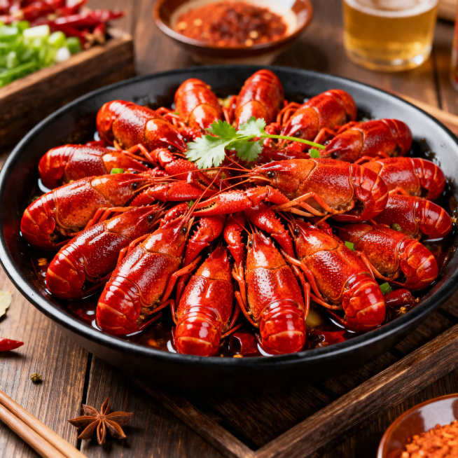 麻辣小龙虾菜品实拍图，一份3斤，红亮诱人，色泽饱满，大排档风格，菜品居中放置，完整展示整份菜品，用于抖音团购主图，高清诱人，商业美食摄影，构图居中饱满预览效果