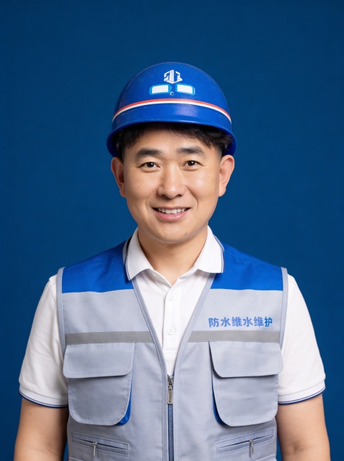 参考图中保留人物脸型、发型、年龄等特征生成防水维修线上宣传证件照，极简蓝色背景证件风，标准焦段50mm,f/4光圈(f/2.8-f/4区间),平视视角(镜头与人物视线齐平);人物占画面70%,人物居中预览效果