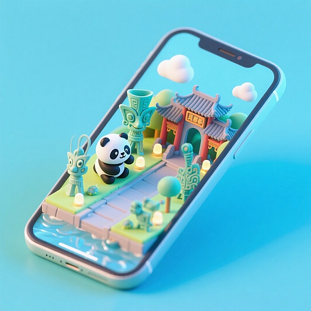 一个手机创意微缩场景，手机平放，侧面对着观众，手机俯视角度，立体的成都景观从屏幕内出来，有熊猫，三星堆，武侯祠，整体色调立体魔幻。青色背景。具有梦幻感,打光营造出柔和氛围强调梦幻和未来感的美学。