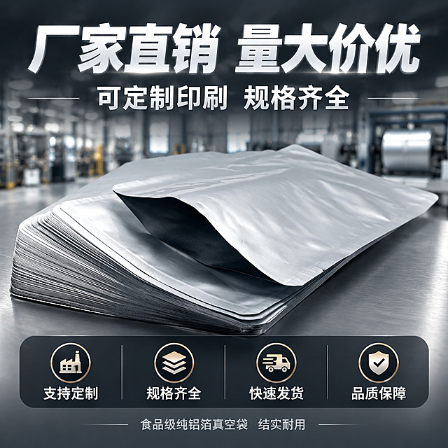 [主图-6] 厂家直销与定制服务转化图，突出工厂直供、可定制印刷、性价比高的卖点。
[统一基调] 拼多多风格，大字直白性价比感，深灰渐变高级背景，主标题白色粗体大字，辅助文案浅灰色，强调色用金属银，字体为无衬线粗体，信息卡片用半透明深色圆角底板，整体高级工业风。
[画面] 画面中央展示一大叠银色铝箔真空袋，袋口微微张开展示内部结构，产品占画面约60%，保持产品原有形状、颜色、材质、圆形端头和透视角度不变。背景为工厂仓库或生产车间的虚化场景（模糊处理，突出产品），营造厂家直销的源头感。画面上方有"厂家直销"大字标题，下方排列服务承诺图标。
[光影质感] 商业摄影质感，柔和主光突出产品，背景虚化形成景深，铝箔材质金属光泽真实自然，底部有接触阴影，产品立体感强。
[配色] 背景深灰渐变+工厂场景虚化，主标题白色，强调色金色，辅助文字浅灰。
[文字版式] 顶部大标题"厂家直销 量大价优"白色超大粗体字，下方副标题"可定制印刷 规格齐全"中号白色字。底部横向排列4个服务图标+文字："支持定制""规格齐全""快速发货""品质保障"，每个图标配白色文字，深色半透明圆角底。最底部小字"食品级纯铝箔真空袋 结实耐用"。
[输出要求] 1:1正方形，2048*2048，文字清晰可读，产品清晰不变形，禁止产品变形、禁止改变圆形端头形状、禁止改变透视角度、禁止减少产品、禁止改变产品颜色、无水印、无平台Logo、无宣传泡沫元素。