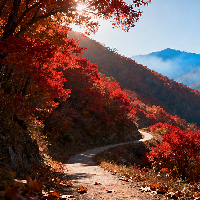 超写实自然风光，秋日山间红叶，漫山红枫，阳光斜照，光影层次丰富，色彩真实浓郁，山间有蜿蜒小路，路边散落少量枯黄落叶，远处有淡蓝色山峦薄雾，整体氛围静谧温暖