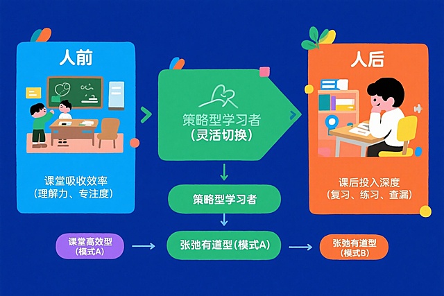 卡通感扁平风插画，手账式拼贴布局，简约主义色彩搭配，展现学习模式切换流程，突出策略型学习者张弛有道的高效路径。