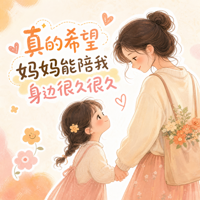 小红书风格暖心亲情贴图，画面中有温馨的牵手母女插画，配文"真的希望妈妈能陪我身边很久很久"，暖色调，软萌可爱，适合小红书发布贴图，整体治愈温暖氛围预览效果
