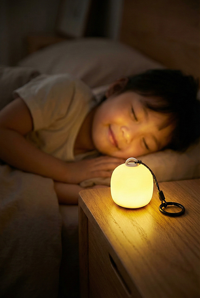 从床头柜的视角看过去，一盏参考图中的捏捏灯亮着柔和的黄色光。不改变捏捏灯的形状，它的光芒洒向旁边床上熟睡的孩子，孩子的脸上带着微笑。整个房间光线昏暗，只有捏捏灯的光芒是亮点，背景人物虚化，主体为捏捏灯