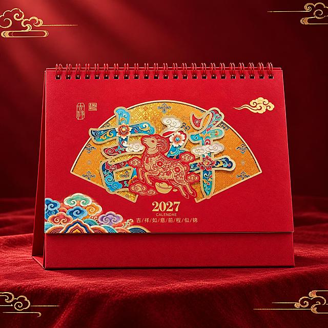 基于用户提供的吉祥款台历原图，生成一张红色背景的高端单品选品图。严格保留台历封面所有原始设计不做任何改动：扇形透雕"吉祥"大字+金色羊年剪纸图案、左侧吉祥印章、右侧金色祥云、底部彩色祥云纹样、"2027 CALENDAE 吉祥如意 前程似锦"烫金小字、红色线圈、红色三角底座。背景为深红色渐变，四角点缀少量精致的金色祥云纹样，台历放置在红色绒布质感台面上，台面有柔和光影。台历居中放置，占画面约65%，正面微仰视角度，整体高端国潮风格，背景有质感但不抢眼，突出台历主体。