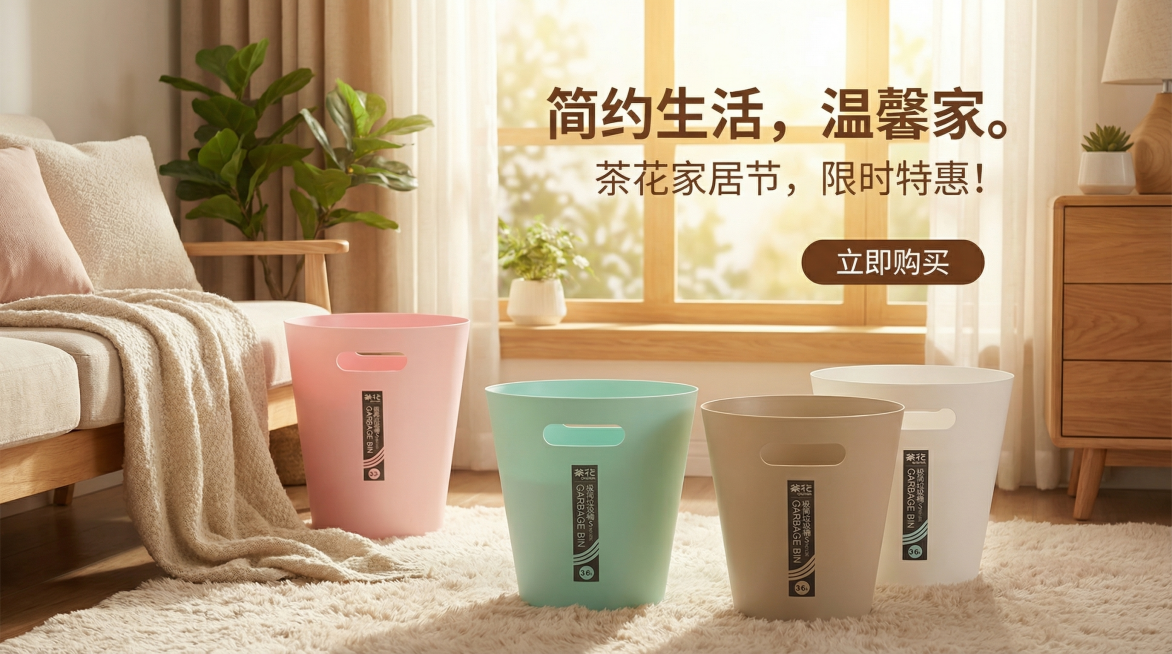生产垃圾桶电商Banner，主题与家居日用类目相关，设计具有吸引力和电商营销引导，风格为温馨，参考提供的多款茶花简约垃圾桶图片进行设计，图片尺寸为727*416，文件大小不超过150KB，格式支持JP预览效果