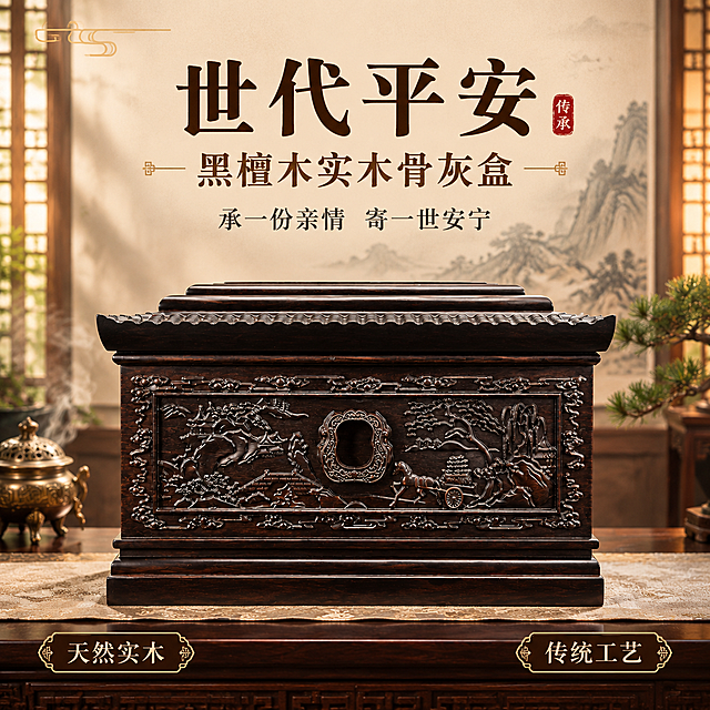 [主图-1] 首图点击率：产品正面全景+主标题，吸引点击，传递世代平安庄重品质感。
[统一基调] 风格=中式传统庄重商业摄影；主色=深檀木棕+米杏色；标题字=宋体粗体端庄大气；标题字色=深檀木棕；辅助字色=深暖灰；强调色=暗金色；字体样式=衬线宋体；组件=中式回纹细线、印章元素、竖线分隔；背景体系=米杏色渐变+宣纸/木纹轻质感。
[画面] 使用【图1】黑檀木骨灰盒正面全景图；保留产品整体结构、飞檐式顶盖、正面山水马车浮雕、祥云边框、黑檀木深棕色木纹、天地盖结构、尺寸比例不变形不变色。产品居中偏下，占画面约60%，正面朝向观众。背景为中式书房场景虚化：浅米色墙面挂水墨山水画卷，左右木格窗棂透暖光，左侧铜制香炉飘轻烟，右侧松枝点缀。底部为深色实木桌面铺米黄暗纹锦垫。
[光影质感] 左前侧暖柔光为主光，右侧辅光提亮侧面雕刻细节，顶部柔和逆光勾勒顶盖轮廓，产品底部有自然接触阴影，木纹质感清晰，雕刻层次分明。
[配色] 主色深檀木棕+米杏色，背景米杏色渐变，暗金色仅用于标题装饰线和印章，整体暖色调庄重典雅。
[文字版式] 画面上方居中主标题"世代平安"大字醒目，下方副标题"黑檀木实木骨灰盒"，再下方slogan"承一份亲情 寄一世安宁"；左上角放暗金色装饰线；底部左右各一个小标签"天然实木""传统工艺"。所有文字横排，不遮挡产品主体雕刻。
[输出要求] 800×800 1:1正方形，2K分辨率，文字清晰可读，产品清晰不变形不变色；负向：变形、错字、模糊、杂乱、水印、平台Logo、冷蓝背景、雕刻错乱、颜色偏差。