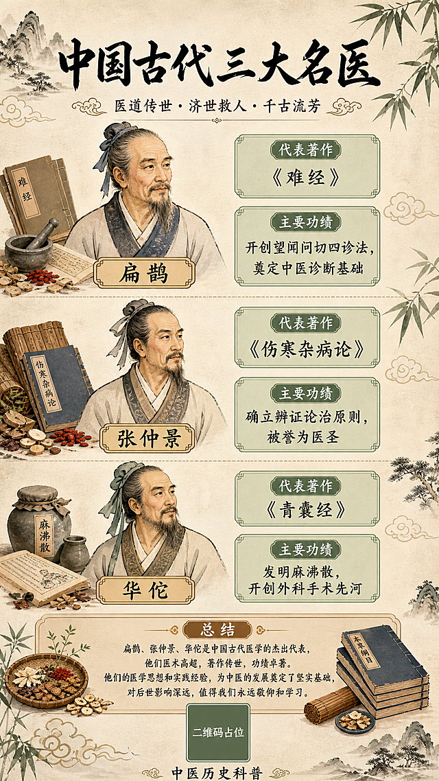 竖版古风科普海报长图，米黄色宣纸纹理底色，淡水墨山水、祥云、青竹边角装饰，国风工笔写实画风，8K 超清，细腻笔触；
顶部居中粗体书法大字标题：中国古代三大名医，标题下方小字副标题：医道传世・济世救人・千古流芳；
画面主体从上至下均匀分三栏，依次排布扁鹊、张仲景、华佗古装儒雅半身画像，浅棕色圆角人物标签框标注名号；
每栏右侧并列两个浅绿色圆角信息文本框，分别标注代表著作、主要功绩，框内预留规整中文文字排版区域，文字清晰无错乱；
画面穿插古风道具：线装古籍医书、青石药臼、竹简卷轴、草药器皿；
最底部设总结横栏，底端居中书法落款文案，整体布局工整对称，分层清晰，中医历史科普信息图，柔和复古色调，无变形模糊，完整可读汉字区块